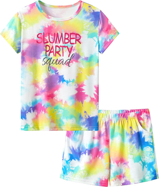 Summer Pajamas for Little/Big Girls – Swirl Tie Dye Butterfly Design Kids' Short Sleeves & Shorts PJS Size 6-18
